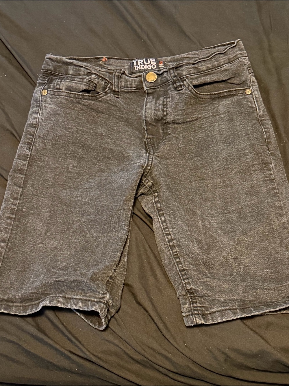 True Indigo Boys Denim Shorts Gray Size 12 Cotton Flat Front Pockets Dark Wash